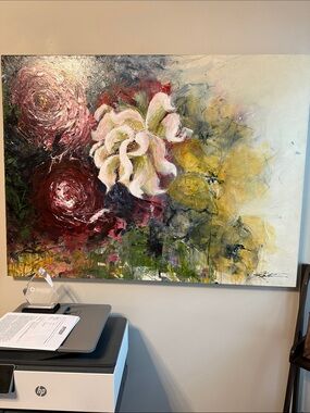 Abstract Floral Canvas Wall Art in Pink, Red, Yellow, Green by